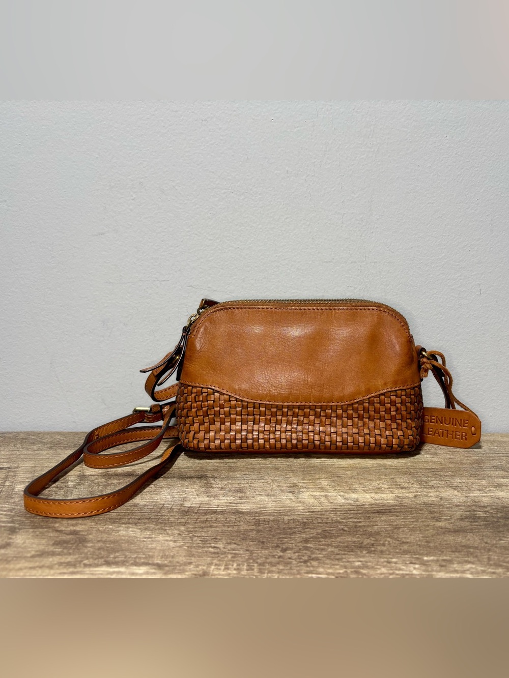 Woven Leather Crossbody Bag in Camel - Picture 2 of 12
